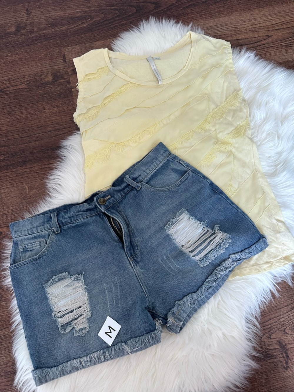 Sleeveless Yellow Ruffle Detail Women's Top and Jean shorts